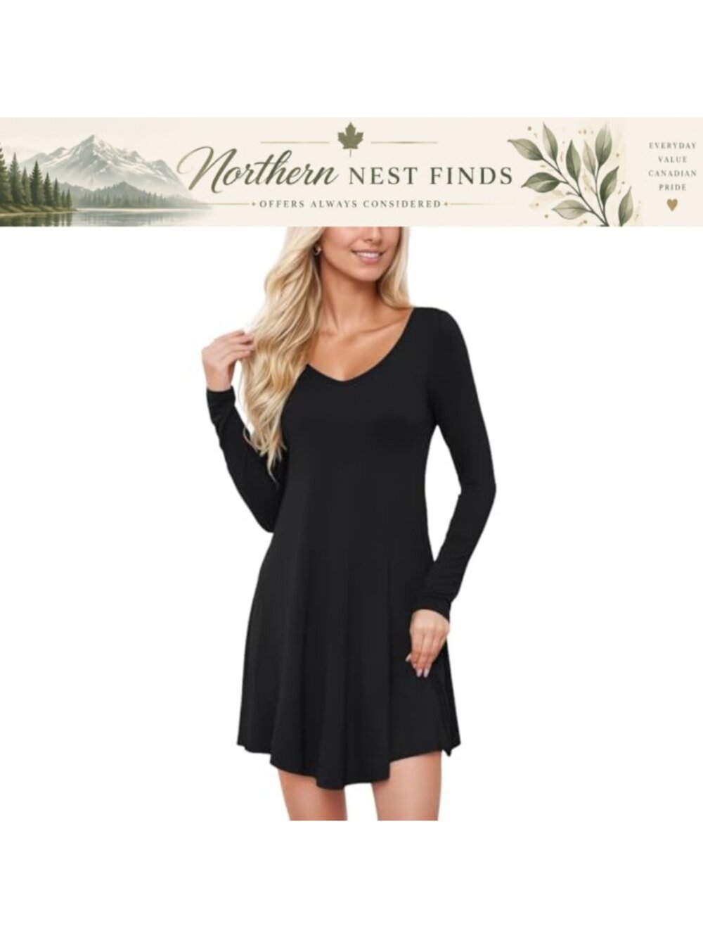 Women's Long Sleeve V Neck Shift Casual Dress Soft Stretch Polyester Spandex